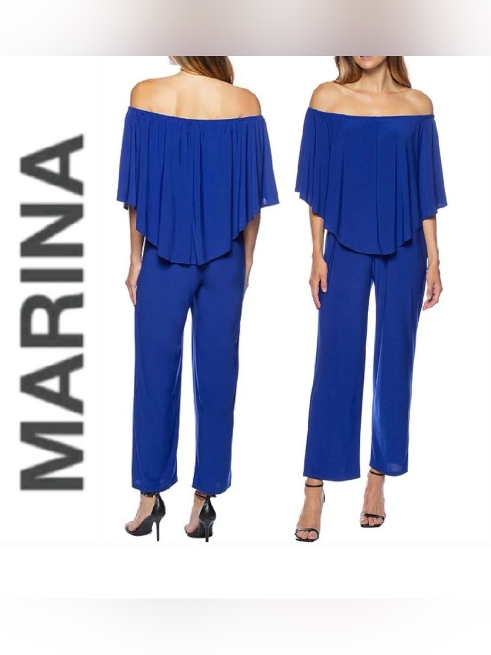 Marina Women Royal Blue Off Shoulder Overlay Stretch Jersey Jumpsuit Size S